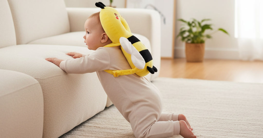 Bebé dando primeros pasos con protector anticaídas en casa
